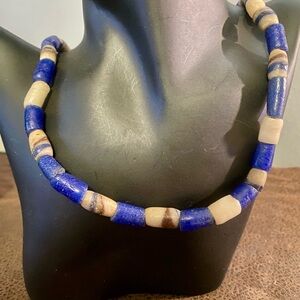 Vintage African Trade Beads Handmade Blue and Cream Beaded Necklace 24”